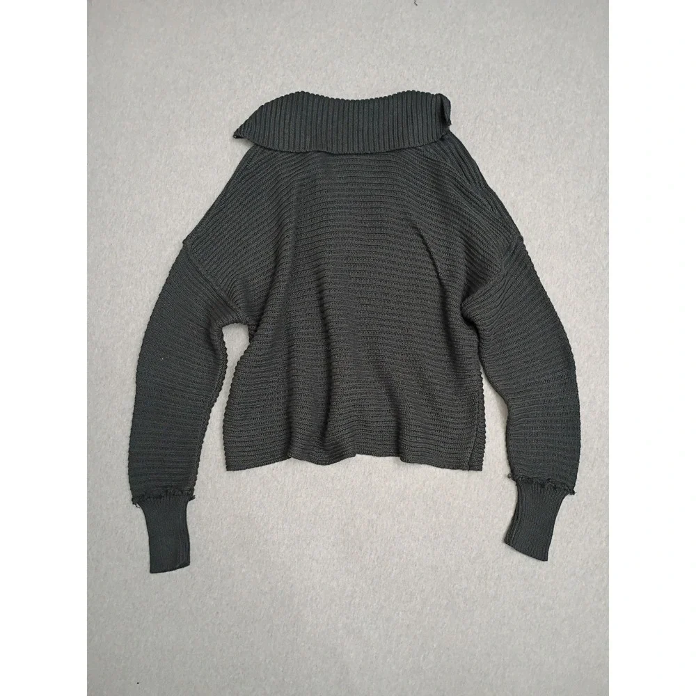 Free People Marlie Deep V Fringe Hooded Pullover Sweater Grey Black OB1332205 S